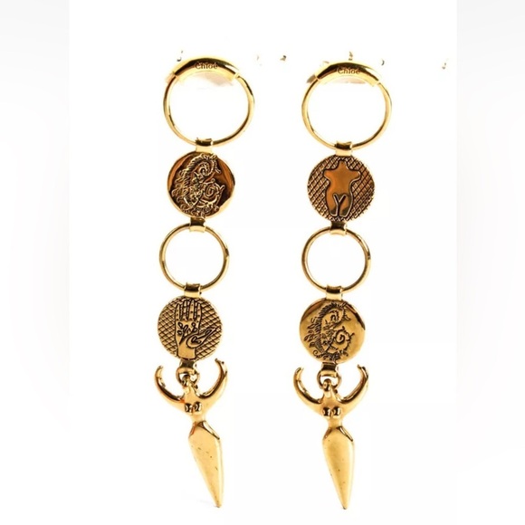 Chloe Jewelry - Gold Tone Long Abstract Female Figure Medallion Dangle Hoop Earrings 2018